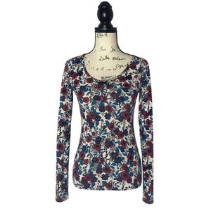 Tezenis Women’s Small Floral Long Sleeve Top Red Blue White Stretch Scoop Neck